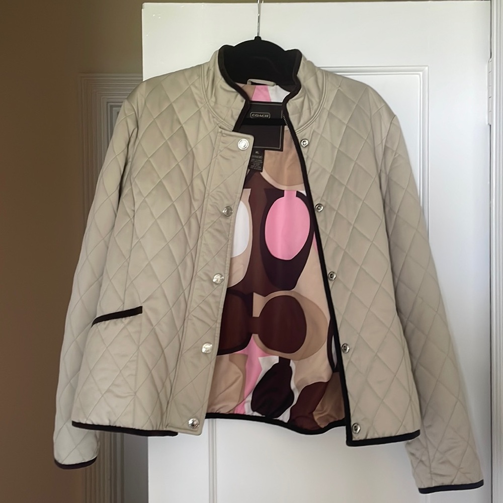 COPY - Tan Coach women’s jacket with pink and brown inside print